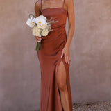 Simple maxi dress – satin dress with spaghetti straps and a high slit 3