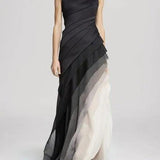 Sleeveless Satin Evening Gown with Fitted Bodice and Asymmetrical Layered Skirt – Elegant Formal Dress for Special Occasions 0