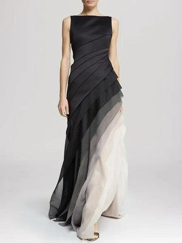 Sleeveless Satin Evening Gown with Fitted Bodice and Asymmetrical Layered Skirt – Elegant Formal Dress for Special Occasions 0