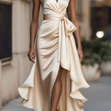 Sophia Satin Evening Dress – Off-Shoulder V-Neck Formal Elegance 1