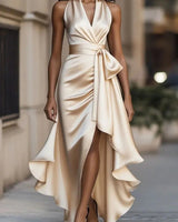 Sophia Satin Evening Dress – Off-Shoulder V-Neck Formal Elegance 1