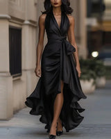 Sophia Satin Evening Dress – Off-Shoulder V-Neck Formal Elegance 2