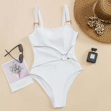 Straight Neck Swimsuit with Open Front and Decorative Rings 3