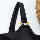 Straight Neck Swimsuit with Open Front and Decorative Rings 8