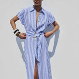 Striped Linen-Blend Maxi Dress with Belt 0