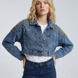 Studded Cropped Denim Jacket with Statement Shoulder Detail 0