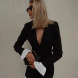 V-Neck Pleated Mini Dress with Button Front Closure and Long Sleeves – Women's Summer Dress in Black 3