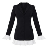V-Neck Pleated Mini Dress with Button Front Closure and Long Sleeves – Women's Summer Dress in Black 6