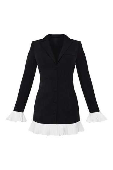 V-Neck Pleated Mini Dress with Button Front Closure and Long Sleeves – Women's Summer Dress in Black 6