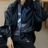 Versatile Classic Basic PU Leather Jacket Women's Autumn Retro Motorcycle Suit Trendy Fashion Solid Color Minimalist Outerwear 3