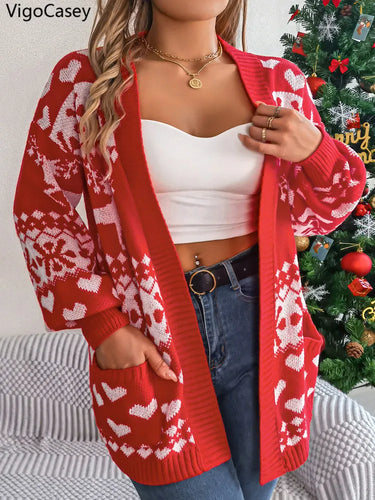 VigoCasey 2025 Autumn Print Christmas Sweater Cardigan Winter Women Casual Cardigan Lady Loose Long Sleeve Knitted Coat Outwears 4
