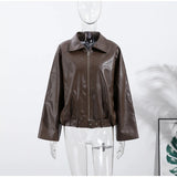 Vintage PU Leather Bomber Jackets 2025 Autumn New Ladies Zipper Lapel Long Sleeve Pocket Coat With Belt Women's Loose Streetwear 6
