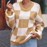 Women Checkerboard Knitted Sweater Autumn Korean Casual Warm Loose Long Sleeve Top Female Streetwear All Watch Jumper New 0