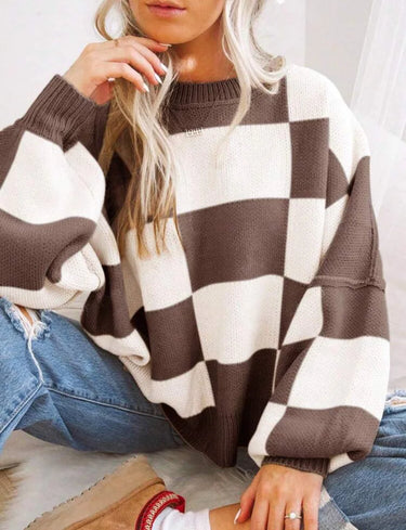 Women Checkerboard Knitted Sweater Autumn Korean Casual Warm Loose Long Sleeve Top Female Streetwear All Watch Jumper New 10