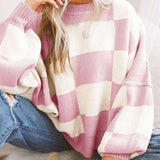 Women Checkerboard Knitted Sweater Autumn Korean Casual Warm Loose Long Sleeve Top Female Streetwear All Watch Jumper New 11