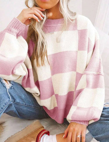 Women Checkerboard Knitted Sweater Autumn Korean Casual Warm Loose Long Sleeve Top Female Streetwear All Watch Jumper New 11