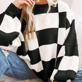 Women Checkerboard Knitted Sweater Autumn Korean Casual Warm Loose Long Sleeve Top Female Streetwear All Watch Jumper New 12