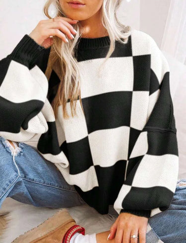Women Checkerboard Knitted Sweater Autumn Korean Casual Warm Loose Long Sleeve Top Female Streetwear All Watch Jumper New 12