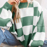 Women Checkerboard Knitted Sweater Autumn Korean Casual Warm Loose Long Sleeve Top Female Streetwear All Watch Jumper New 14