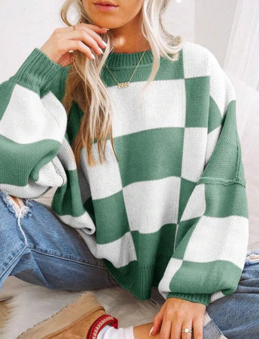 Women Checkerboard Knitted Sweater Autumn Korean Casual Warm Loose Long Sleeve Top Female Streetwear All Watch Jumper New 14