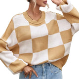 Women Checkerboard Knitted Sweater Autumn Korean Casual Warm Loose Long Sleeve Top Female Streetwear All Watch Jumper New 2