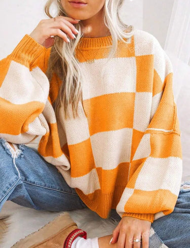 Women Checkerboard Knitted Sweater Autumn Korean Casual Warm Loose Long Sleeve Top Female Streetwear All Watch Jumper New 6