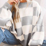Women Checkerboard Knitted Sweater Autumn Korean Casual Warm Loose Long Sleeve Top Female Streetwear All Watch Jumper New 8