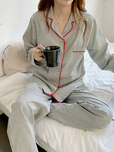Women's 2-Piece Pyjama Set with Striped Button-Up Shirt and Trousers 1