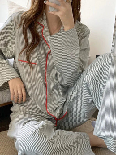 Women's 2-Piece Pyjama Set with Striped Button-Up Shirt and Trousers 2