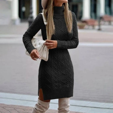Women's A-Line Knit Sweater Dress, Long Sleeve Turtleneck, Black Autumn Dress for Casual and Party Wear 6
