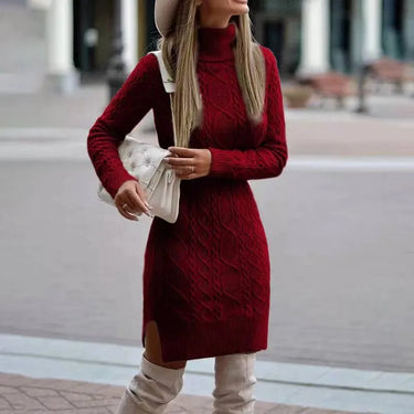 Women's A-Line Knit Sweater Dress, Long Sleeve Turtleneck, Black Autumn Dress for Casual and Party Wear 7
