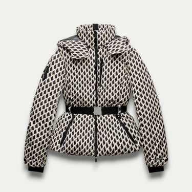Women’s Beige Patterned Puffer Jacket – Belted, Water-Resistant, Insulated 0