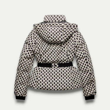 Women’s Beige Patterned Puffer Jacket – Belted, Water-Resistant, Insulated 1