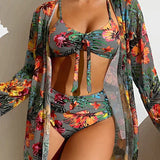 Women's Bikini Set with High-Waist Bottom and Matching Cover-Up 3