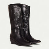 Women's Black Knee-High Western Boots with Pointed Toe and Embroidered Design 4
