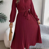 Women's Chic Pleated Midi Dress with Belted Waist 4