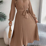 Women's Chic Pleated Midi Dress with Belted Waist 8