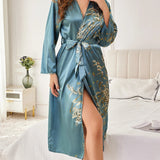 Women's Floral Print Dressing Gown with Belted Waist and Long Sleeves 0