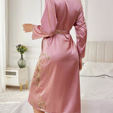 Women's Floral Print Dressing Gown with Belted Waist and Long Sleeves 4