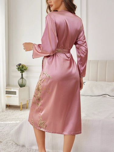 Women's Floral Print Dressing Gown with Belted Waist and Long Sleeves 4