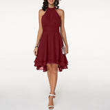 Women’s Halter Midi Dress – Flared Skirt with Ruffle Detailing 0