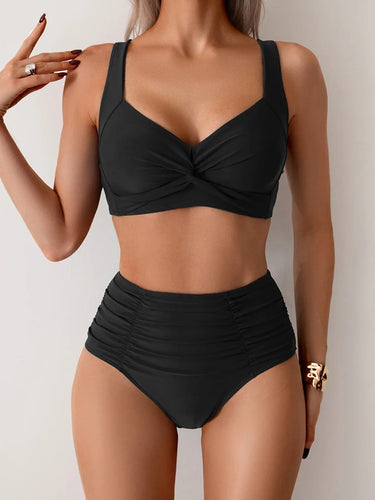 Women's High-Waist Bikini Set with Wide Strap Top and Ruched Bottoms 0