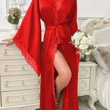 Women's Long Lace Kimono Dressing Gown with Belted Waist and Wide Sleeves 1