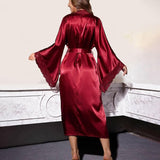 Women's Long Lace Kimono Dressing Gown with Belted Waist and Wide Sleeves 7