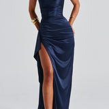 Women’s Navy Blue Evening Maxi Dress – Spaghetti Strap, High Slit, Ruched Waist 0