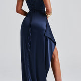 Women’s Navy Blue Evening Maxi Dress – Spaghetti Strap, High Slit, Ruched Waist 1