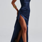 Women’s Navy Blue Evening Maxi Dress – Spaghetti Strap, High Slit, Ruched Waist 2