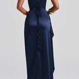 Women’s Navy Blue Evening Maxi Dress – Spaghetti Strap, High Slit, Ruched Waist 3