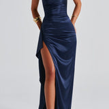 Women’s Navy Blue Evening Maxi Dress – Spaghetti Strap, High Slit, Ruched Waist 4