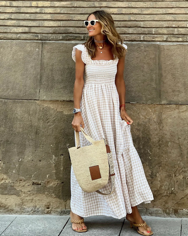 Women's Smocked Gingham Maxi Dress with Ruffle Sleeves 0